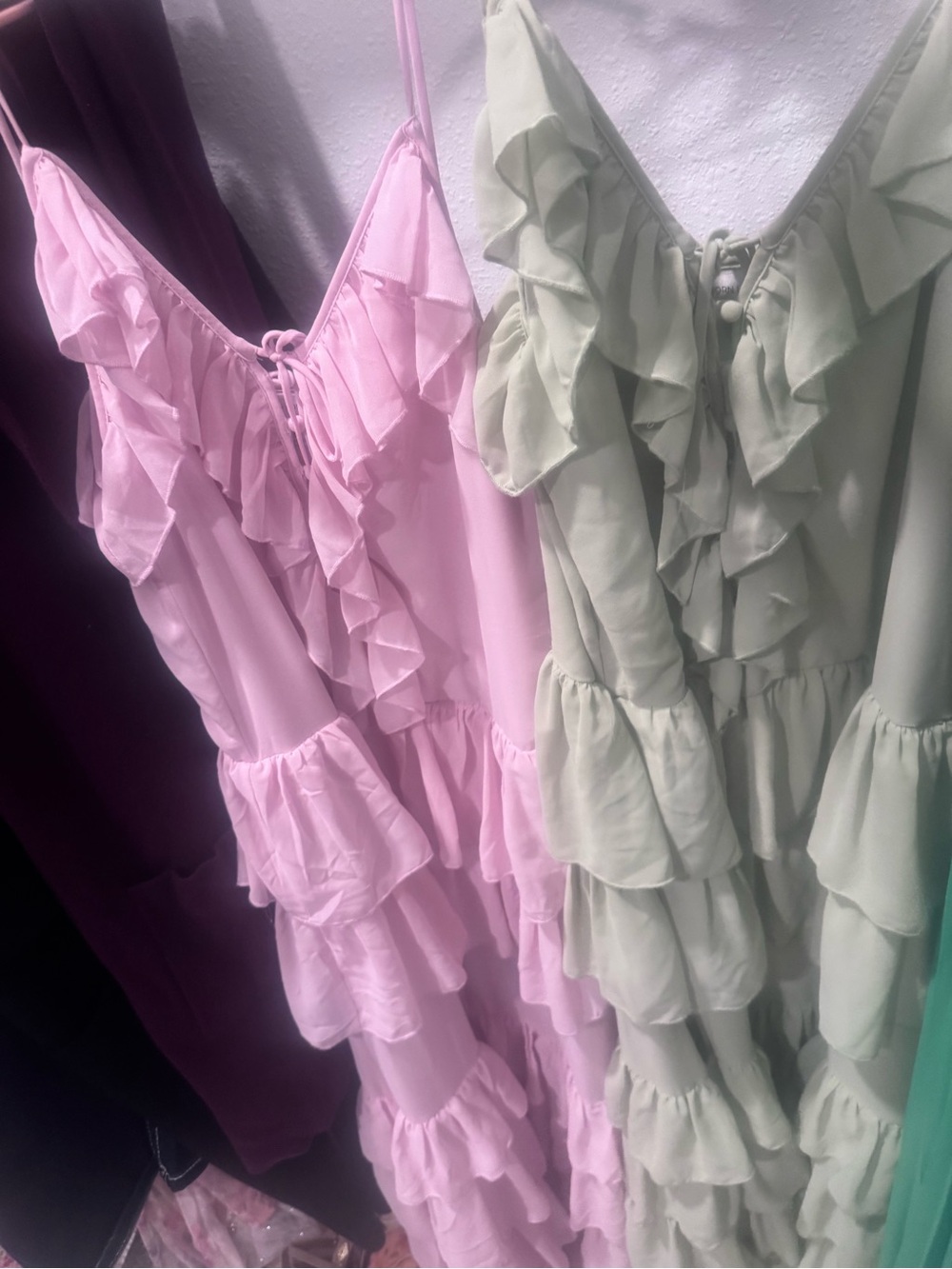 Torn by Ronny Kobo Pink and Light Green Ruffle Tiered Maxi Dress
